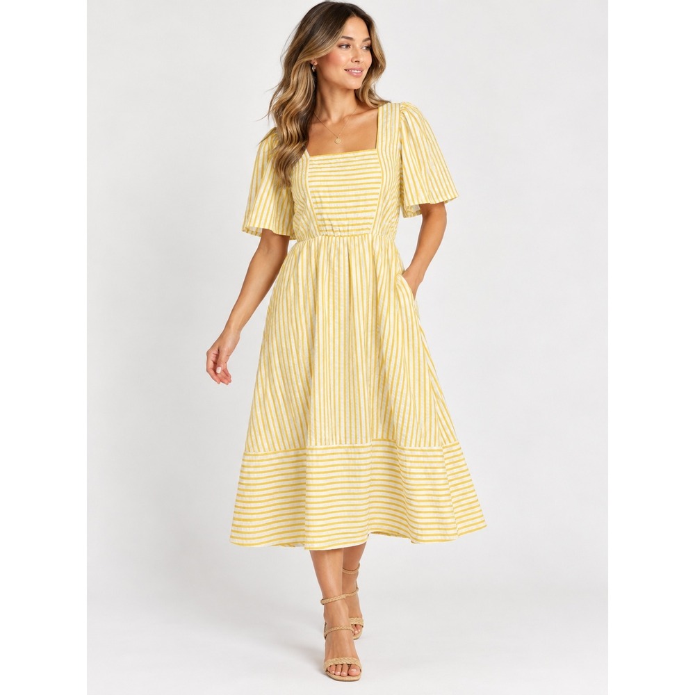 Vero Moda Yellow White Striped Midi Dress Size M Cotton Square Neck Puff Sleeve